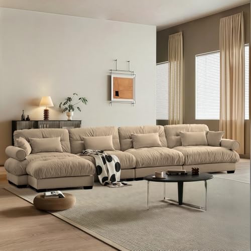 Image of SoarFlash 166 inch Sectional Couches for Living Room, L Shaped Sofa Couch with Velvet Fabric, 4 Seat Modern Sofa with Ottoman, Removable Pillows for Apartment, Brown