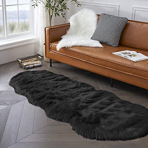 Latepis Black Runner Rugs 2x6 Faux Sheepskin Fur Rug for Bedroom Shag Shaggy Furry Rug for Living Room Dorm Soft Rugs Home Décor
