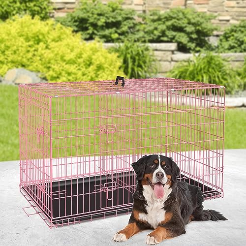 Image of BestPet | Dog Crate | 48 inch | Pink | Foldable Metal Kennel with Double Doors