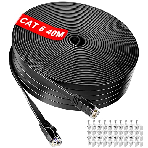 rj45 40m Cable Ethernet, Cat 6 Cable Ethernet 40m Exterieur Câble Réseau Plat(40 Free Clips)- Câble Réseau RJ45 Haut Débit 10/100/1000 Mbit/s pour Routeur Modem Switch PC Xbox Consoles de Jeux, Noir Cover