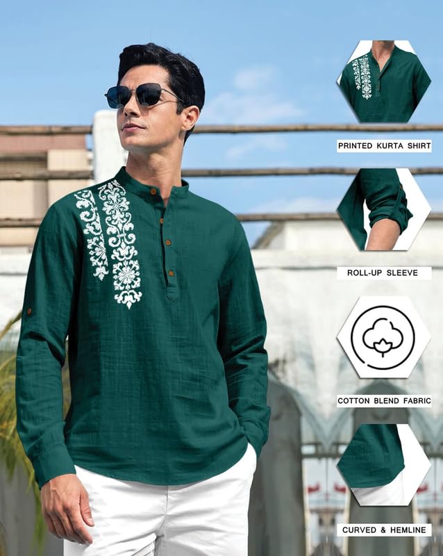 Image of FINIVO FASHION Men's Cotton Blend Short Kurta Shirt | Casual Ethnic Wear with Roll-Up Sleeves & Mandarin Collar | Comfortable Fit Tunic for Festive, & Summer Outings