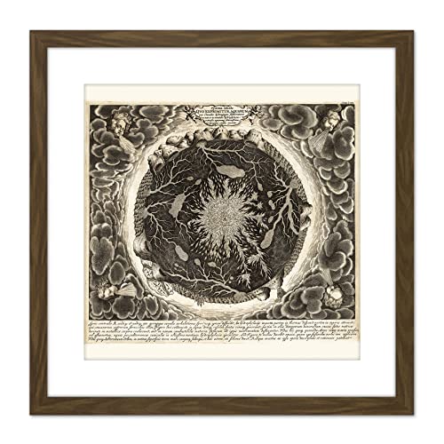 Artery8 Map Hydrology Kircher 1668 Earth Water 9X9 Inch Square Wooden Framed Wall Art Print Picture with Mount