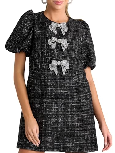 Tweed Dress Woman with Bows Plaid Puff Short Sleeve Black Jackie O Dresses Casual Sparkly Mini Skirt