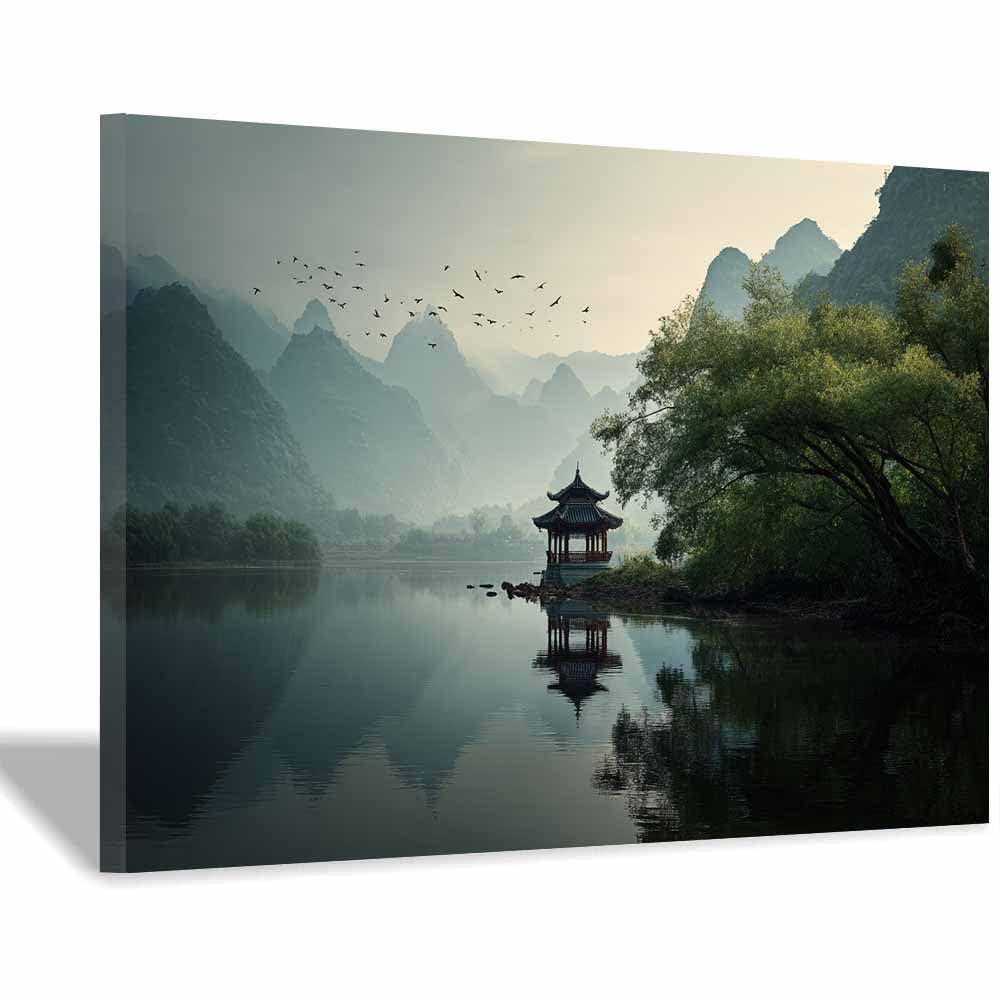 HUYEEI Canvas Print Wall Art Lakeside pavilionss in the mist Modern Nature Landscape Poster, for living room, bedroom,Corridor Office Room Decoretc.(green)-70x100cm Framed