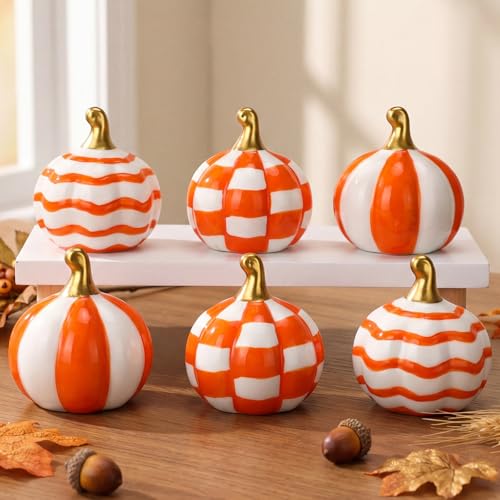 DoubleFill 6 Pcs Fall Grid Ceramic Pumpkins Autumn Farmhouse Table Centerpiece Porcelain Pumpkin Tiered Tray and Mantel Ornaments for Indoor Thanksgiving Autumn Decor
