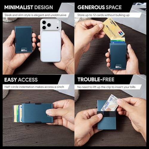Image of Minimalist Mens Card Holder Wallet, RFID Blocking Slim Smart Pop Up Aluminum Wallet,Holds 12+ Cards,Expandable Compact Plate,Cash Strap /Money Clip (Navy Blue)