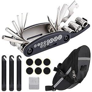 Wukong Reparatieset voor fietsreparatieset, multitools 16-in-1 fietsgereedschap, bandenlichter met zadeltas voor…