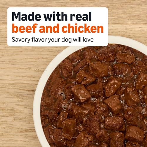 Image of Amazon Basics Wet Dog Food, Cuts in Gravy, Ribeye Flavor, Made with Real Chicken and Beef, 13.2 oz can (Pack of 12)