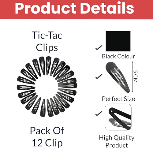 Image of TEMPERIA Tic Tac Hair Clips for Girls (Pack of 12 pcs) (5cm) (Matte Black) - Tik Tak Pins for Women