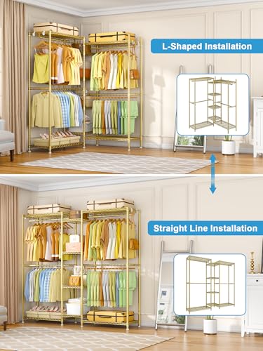 Ulif E4 Clothes Rack, Heavy-Duty Garment Rack, Metal Freestanding Clothing Organization Storage System Can Be L-Shaped with Shelves and Hangers, Max Load 962lbs, 71.6" W x 14.5" D x 79.3" H, Gold - Image 5