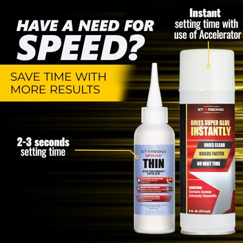 Image of Starbond Thin CA Glue with Activator Bundle (4 oz. + 6 oz.) - Premium Cyanoacrylate Super Glue with Aerosol Accelerator - for Woodworking and Repair, Pen Turning, CA Finish, Inlays, Luthiery, Crafts