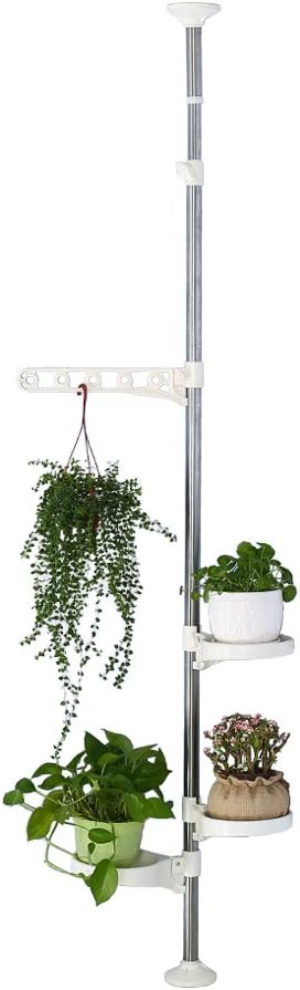 BAOYOUNI Indoor Plant Pole Stand Tension Rod Hanger Window Sill Flower Display Rack Holder Adjustable Corner Vertical Storage Organizer with 3 Trays & 1 Arm for Counter Top, Ivory