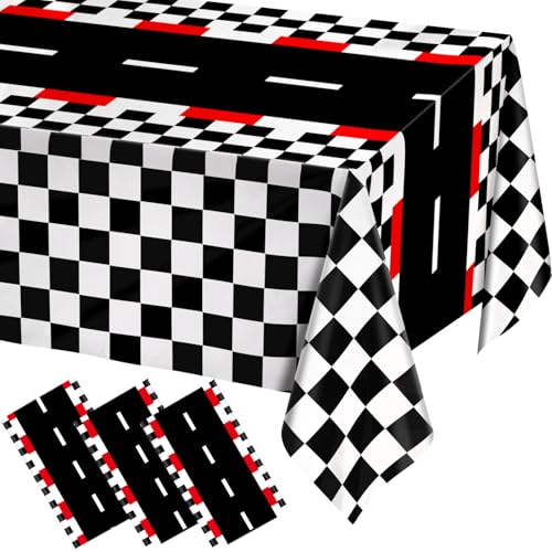 Image of WNINK 3 PCS Racing Car Theme Tablecloths Car Disposable Plastic Tablecloths Black Checkered Flag Table Covers Racetrack Rectangular Tablecloth for Race Car Birthday Party Decorations, 54 x 108 Inch