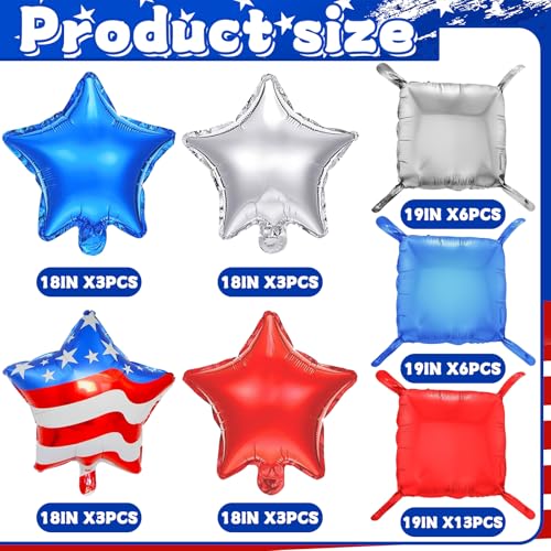 Image of 37Pcs Veteran Day Patriotic Party Decorations,Red White and Blue Square Foil Balloons Wall Decorations with 18 inch American Flag Star Balloons for Veteran Day Party Supplies