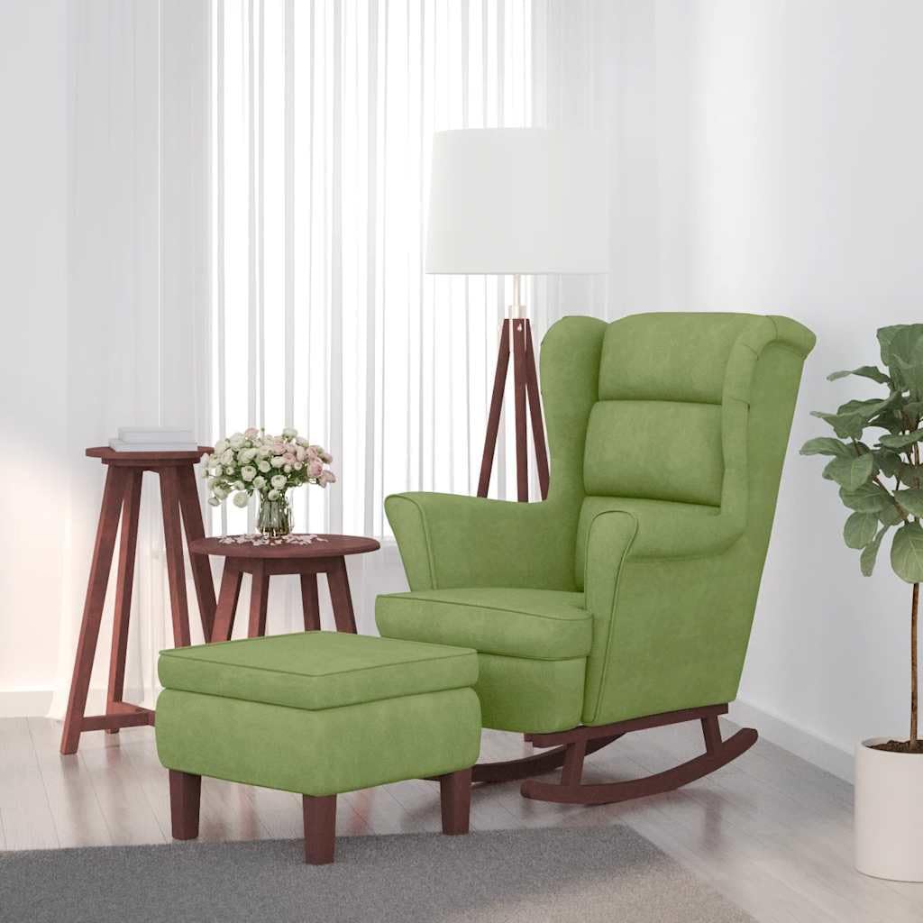 Schaukelstuhl Ohrensessel Hellgrün Samt mit Massivholz Gestell und Polster, Relaxstuhl für Wohnzimmer, Schlafzimmer und Terrasse, Komfortabler Schwingsessel mit Armlehne und Hocker zum