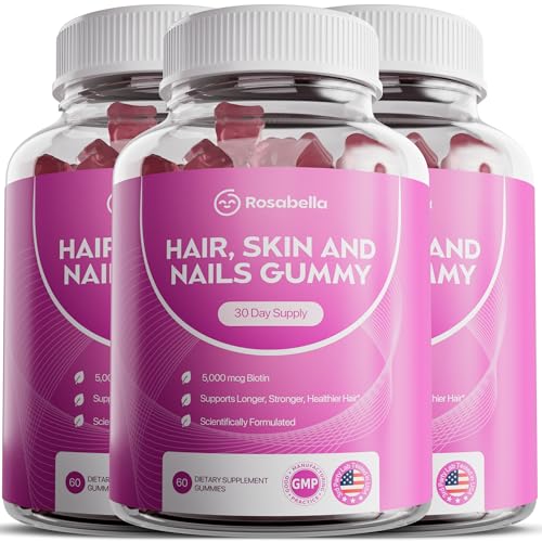 Image of Rosabella Hair Growth Gummies for Women & Men - Vegan Hair Gummies with 5000mcg Biotin - Hair Vitamins for Strong, Healthy-Looking Hair - Gummy Biotin Supplement (60 Count (Pack of 3))