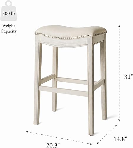 Miniatura 3 de Maven Lane Adrien Taburete de bar sin espalda, asiento de silla de montar de 31 pulgadas con reposapiés, marco de madera maciza color crema y