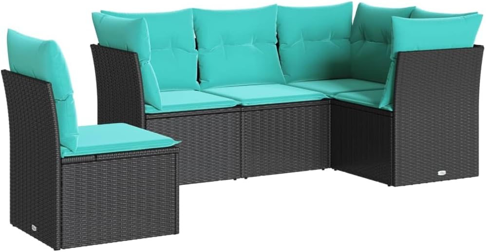 vidaXL Patio Sofa Set with Cushions - 5 Piece Modular Outdoor Furniture, Black Poly Rattan, PE Rattan, for Deck, Patio, Garden, 24.4"x24.4"x27.2"