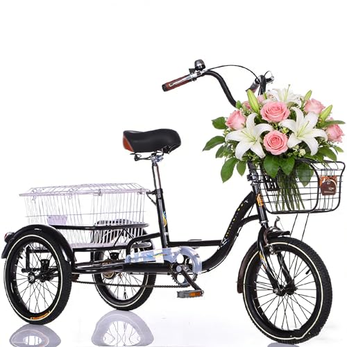 Triciclo de 3 ruedas para adultos con cestas de compras delanteras y traseras, pedal, carga de 150 kg, ideal para todas las edades