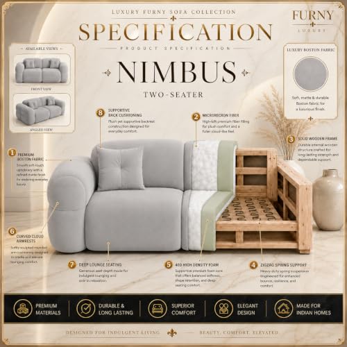 Image of FURNY Luxury Nimbus 2 Seater Bubble Cloud Sofa Set for Living Room | Boston Fabric Upholstered | Modern Cushioned Comfortable Couch for Home Office & Drawing Room | Ash Grey