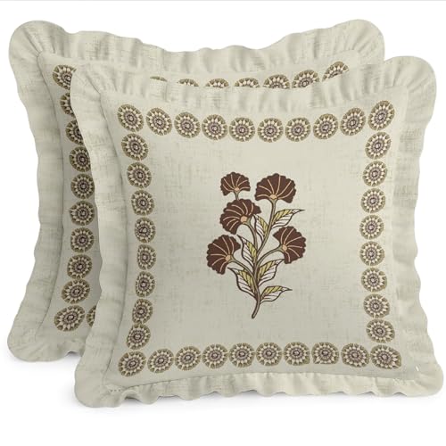 Vargottam Premium Cotton Frill Cushion Covers Set of 2, 16x16 Inches, Double Printed, Floral Design, Durable Twill Fabric, Farmhouse Look, No Fillers