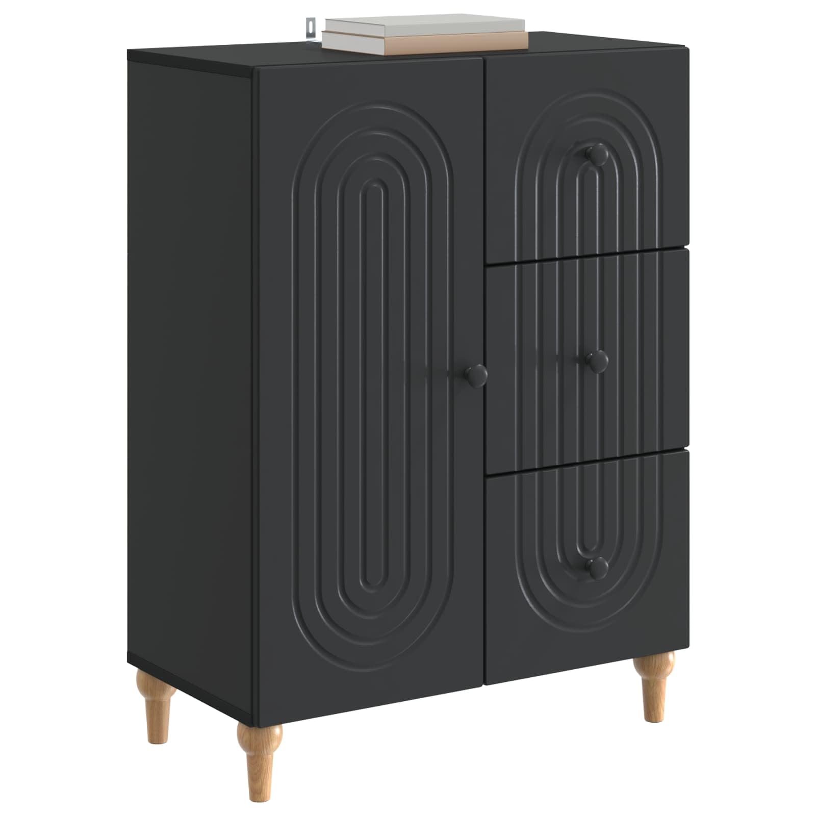 Credenza nera, 66 x 34,5 x 90 cm, in legno con 3 cassetti e porta basculante a 90°, comò versatile per soggiorno, sala da pranzo, corridoio, ufficio