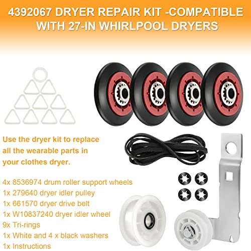 4392067 Dryer Repair Kit & W10837240 Dryer Idler Pulley For Whirlpool Duet Maytag Bravos Kenmore Elite Dryers,With Wpw10314173 Drum Roller&661570V Belt&279640 Idler Pulley #TOP2