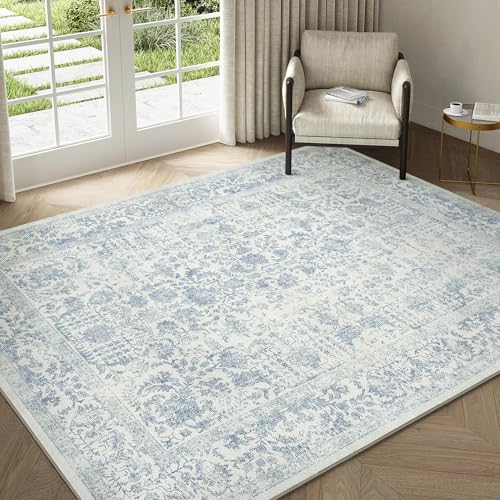 Blue Area Rug 4x5 Office Entryway Rug Machine Washable Kitchen Vintage Distressed Non Slip Carpet Indoor Retro Floral Accent Throw Door Mat for Bathroom Bedroom Dining Living Room