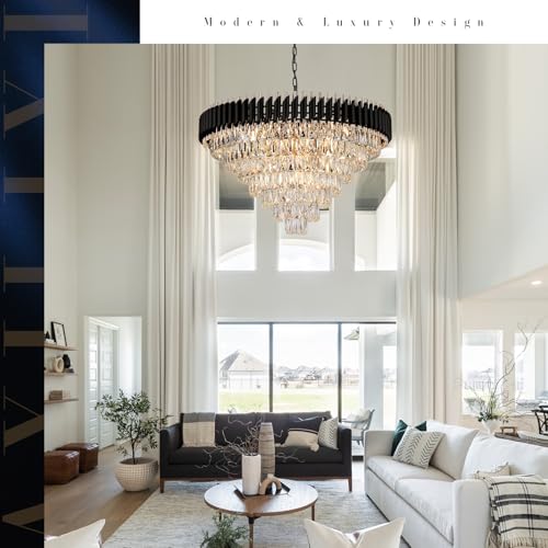 Image of Modern Black and Gold Crystal Chandelier 35 inch Large Light for High Ceiling