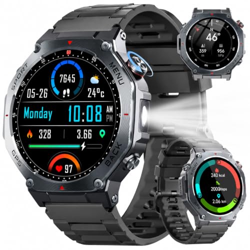 Smartwatch Herren Rund mit Integriertem GPS 1 43 AMOLED Always-On Display mit Bluetooth Anrufe 5ATM Wasserdicht 24/7 Herzfrequenz Schlafmonitor Schrittzähler Sportuhr Outdoor Android für iOS