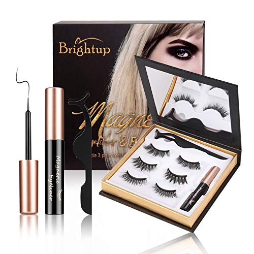 Brightup Magnetic Eyelashes with Eyeliner, 3D Natural Look Reusable False Magnetic lashes Kit, Long Lasting Waterproof Magnetic Eyeliner, Twinkle Mirror Box with Tweezers, Ideal For Gift (Black)