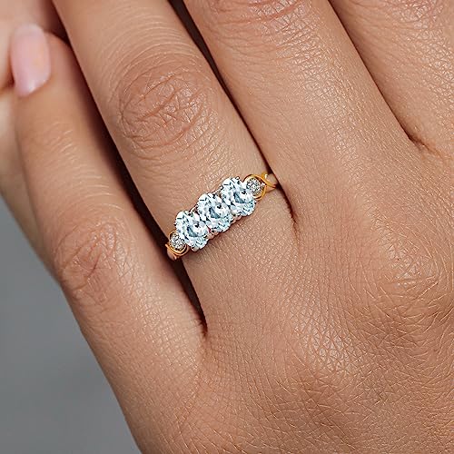 925 Silver and 10K Yellow Gold Gemstone Birthstone and Accent Lab Grown Diamond 3-Stone Engagement Ring for Women | Oval 6X4MM & Round 1.3MM | Two-Tone Wedding Anniversary Promise Ring | Size 5-94