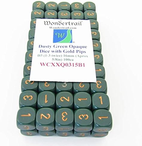 Dusty Green Opaque Dice with Gold Numbers D3 (D6 1-3 Twice) 16mm (5/8in) Pack of 100 Wondertrail