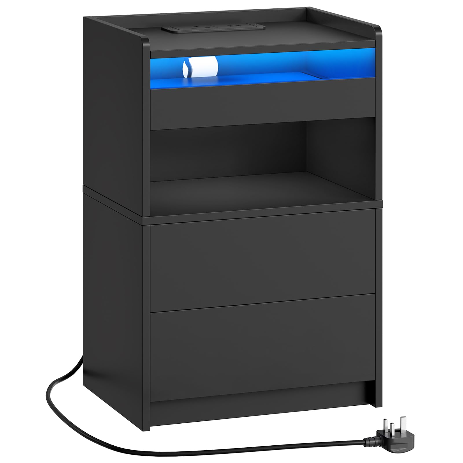 HOOBRO Bedside Table with Charging Station, End Table with 20-Color LED Lights, Nightstand with 1 AC Outlet, 2 USB Ports, 3 Drawers for Bedroom, Living Room, Study, Home Office, Black EBK328KDBZ01