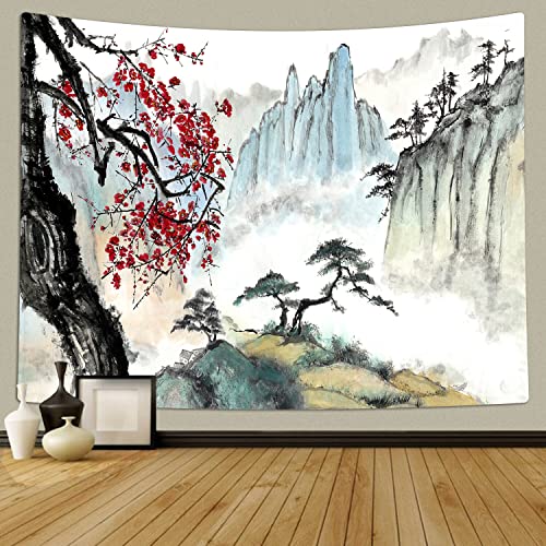 Tomoz Japanese Tapestry, Aesthetic Asian Nature Landscape Tapestry Wall Hanging, Anime Mount Red Sun Cherry Blossom Tapestry For Bedroom Living Room Dorm Decor 60 X 51Inch #TOP1
