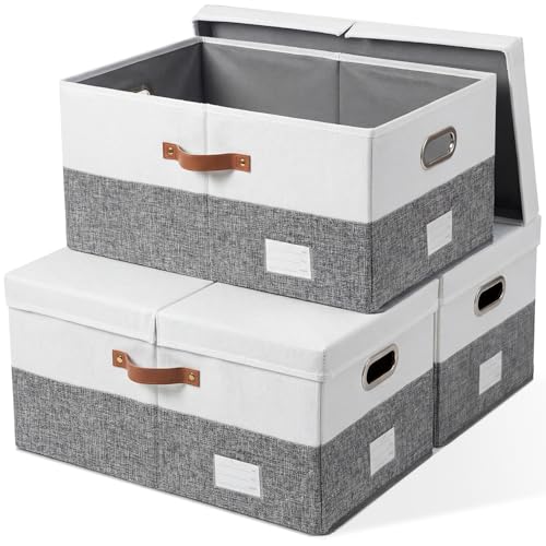Image of PRANDOM Storage Bins with Lids [3-Pack] Linen Fabric Foldable Storage Boxes Organizer Containers Baskets Cube with Cover for Bedroom Closet Office Grey&White (23.4X15.9X11.4)