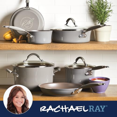Image of Rachael Ray Cucina Nonstick Cookware Pots and Pans Set, 14-Piece, Sea Salt Gray