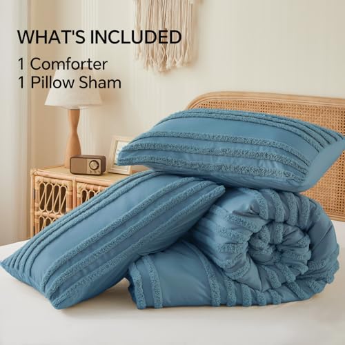 Image of BEDELITE Boho Twin /Twin XL Comforter Set,Dusty Blue Tufted Striped Bed Set 2 Pieces, Soft Vintage Farmhouse Comforter for College, Boho Home Dorm Decor, Fluffy Jacquard Bedding with 1 Pillow Sham