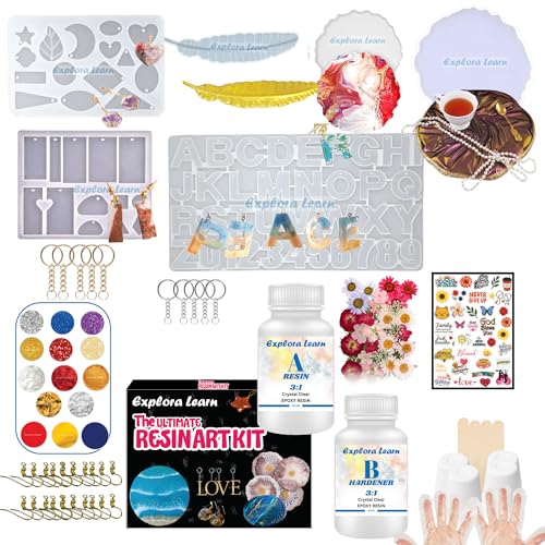 Image of Exploralearn Complete Resin Art Kit -8 inch Plate, DIY Alphabet, Earring, Keychain, Pendant, Coaster and Bookmark with Epoxy Resin and Silicone Moulds - Comprehensive Resin Art Materials - Mica, Glitters, Pigment, Dried flowers and Flakes