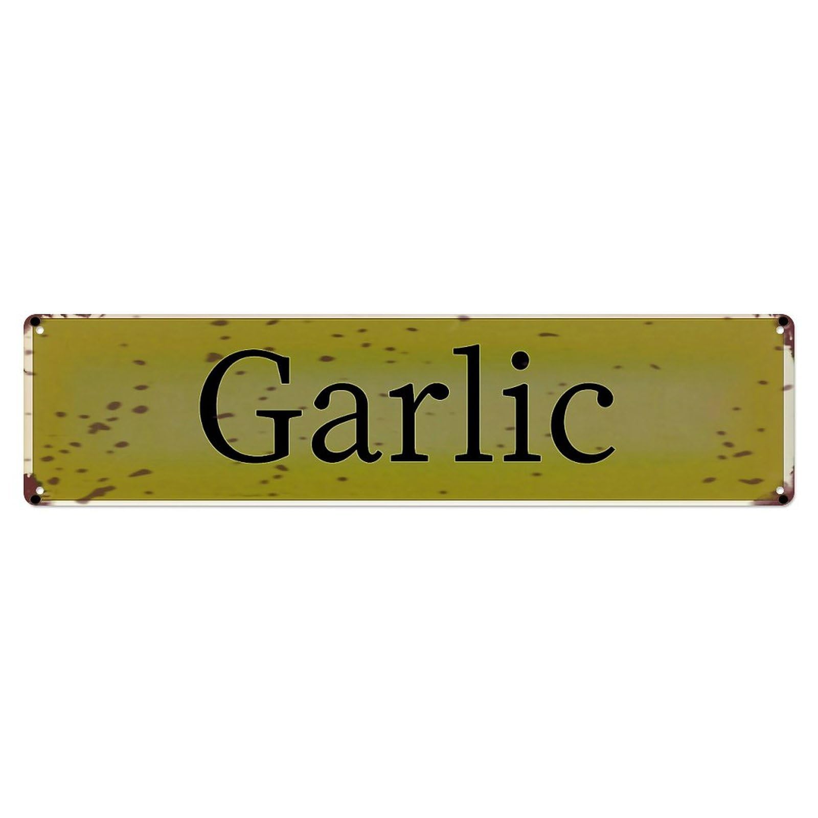 Garlic Text On Speckled Background Vintage Metal Tin Sign Retro Wall Decor for Home Bar Garage Cafe, Indoor & Outdoor Decorative Metal Poster, 4x16 Inch