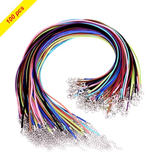 YoungRich 100pcs Cuerda de Cuero Alambres para Bisutería Trenzado Collar de Cuerda de Cera con Broche de Langosta de Plata Colores Surtidos para Arte de DIY
