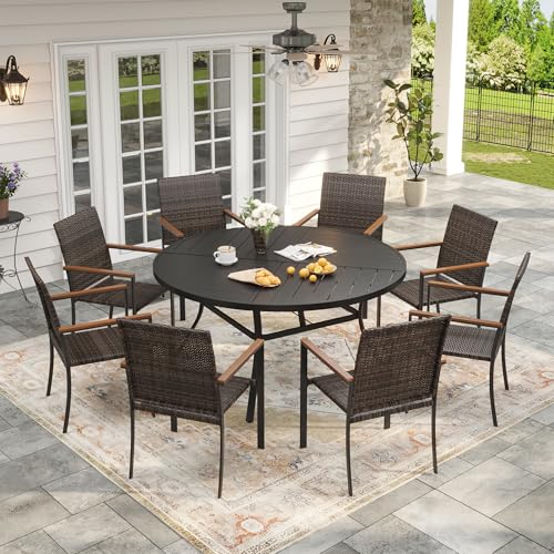 Image of VICLLAX Round Patio Table and Chairs, 9 Pieces Outdoor Dining Set of Metal Patio Table with Storage Shelf and 8 Wicker Patio Stackable Chairs for Porch Yard Garden, Black Tabletop