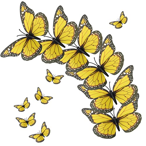 Syhood 24 Pieces Monarch Butterfly Decorations Gold Butterfly Wall Decor 4.7 Inch Yellow Artificial Plastic 3D Fake Stickers for Crafts Cake Halloween Flower Arrangements Supplies
