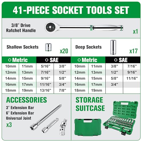 Image of SK 3 /8 inch Drive Socket Set with 216-P Ratchet, SAE & Metric, CR-V Steel | 41-Piece Sockets with Quick-Release Ratchet, SuperKrome Finish, Heat Treated, with Storage Suitcase