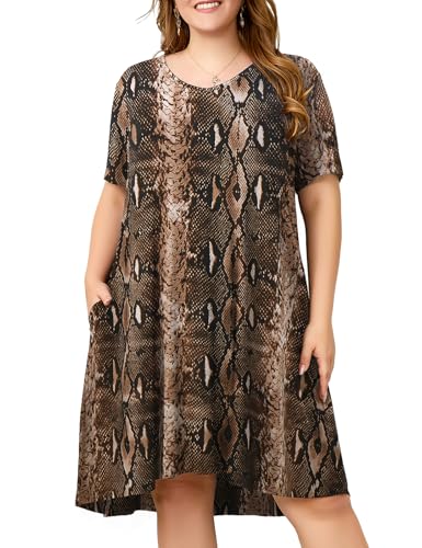 Image of OVERWORETY Womens Short Sleeve Plus Size T-Shirt Dress V Neck Casual Loose Swing A-Line Summer Tunic Dresses with Pockets