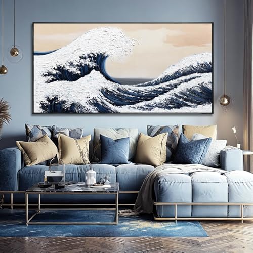 Image of Wave Poster Abstract Wall Art Minimalist Print Abstract Ocean Art Blue And White Framed Canvas Arts Print Paintings for Home Office Decorations 29 inchx58 inch