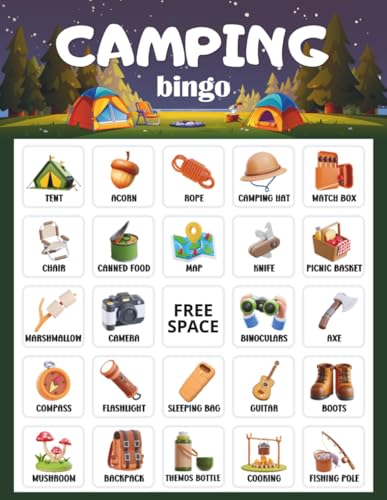 Camping Bingo: 32 player Camping Party Game, Kids' Road Trip Activity, Camping Activity for Family Game Night
