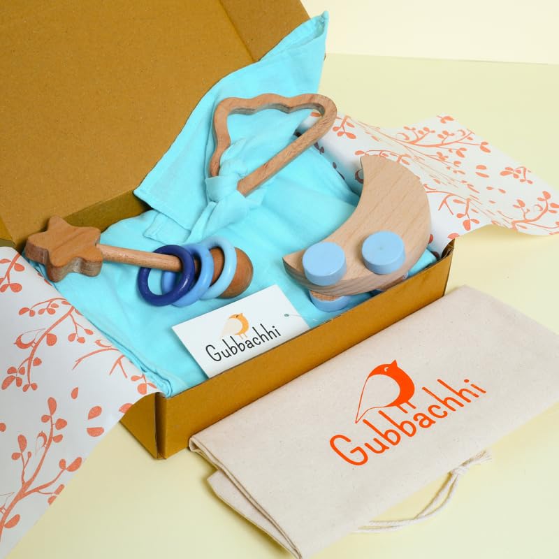 Image of Baby Gift Set - Chand Tara | Newborn Gift Set with Muslin Swaddle, Wooden Rattle, Rolling Toy & Neem Wood Teether | Handmade in India | Non Toxic Baby Gift