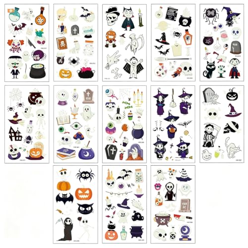 Mjzzh 13 pegatinas de tatuajes de Halloween que brillan en la oscuridad, pegatinas decorativas de Halloween para niños, pegatinas de tatuajes temporales, diversión para fiestas.