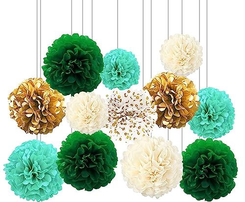 Image of XIKSXITN 12 pc Green Gradient Tissue Pom Poms - Hanging Gold Dot White Paper Flowers Ball for Party Decoration (8-12 inch)